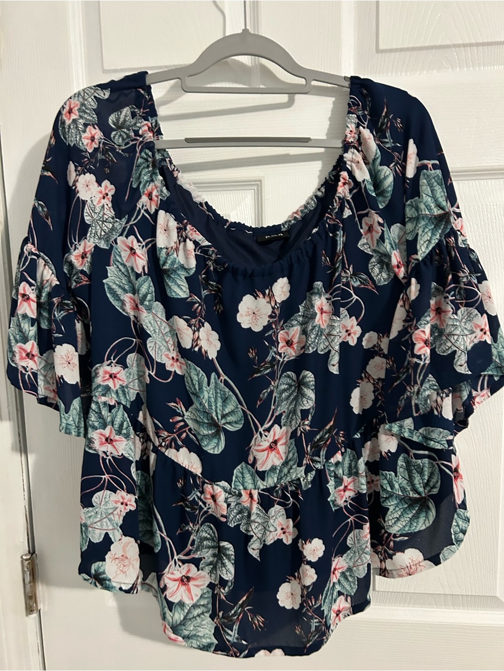 a.n.a Navy Floral Ruffle-Sleeve Blouse with Pink and Green Accents